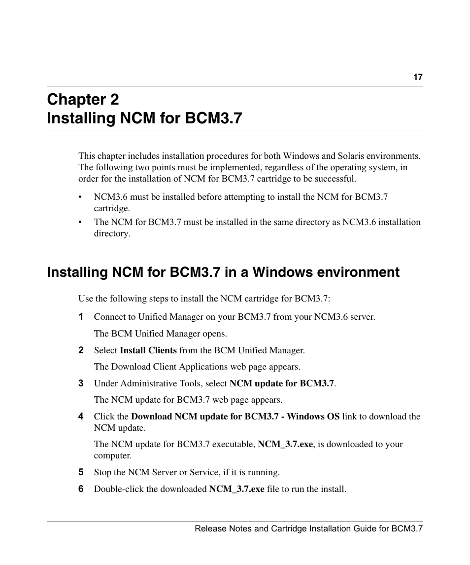 Chapter 2 installing ncm for bcm3.7, Installing ncm for bcm3.7 in a windows environment | Nortel Networks Cartridge User Manual | Page 17 / 36