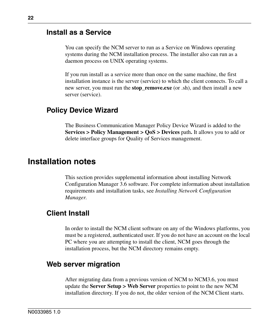 Install as a service, Policy device wizard, Installation notes | Client install, Web server migration | Nortel Networks Cartridge User Manual | Page 22 / 36