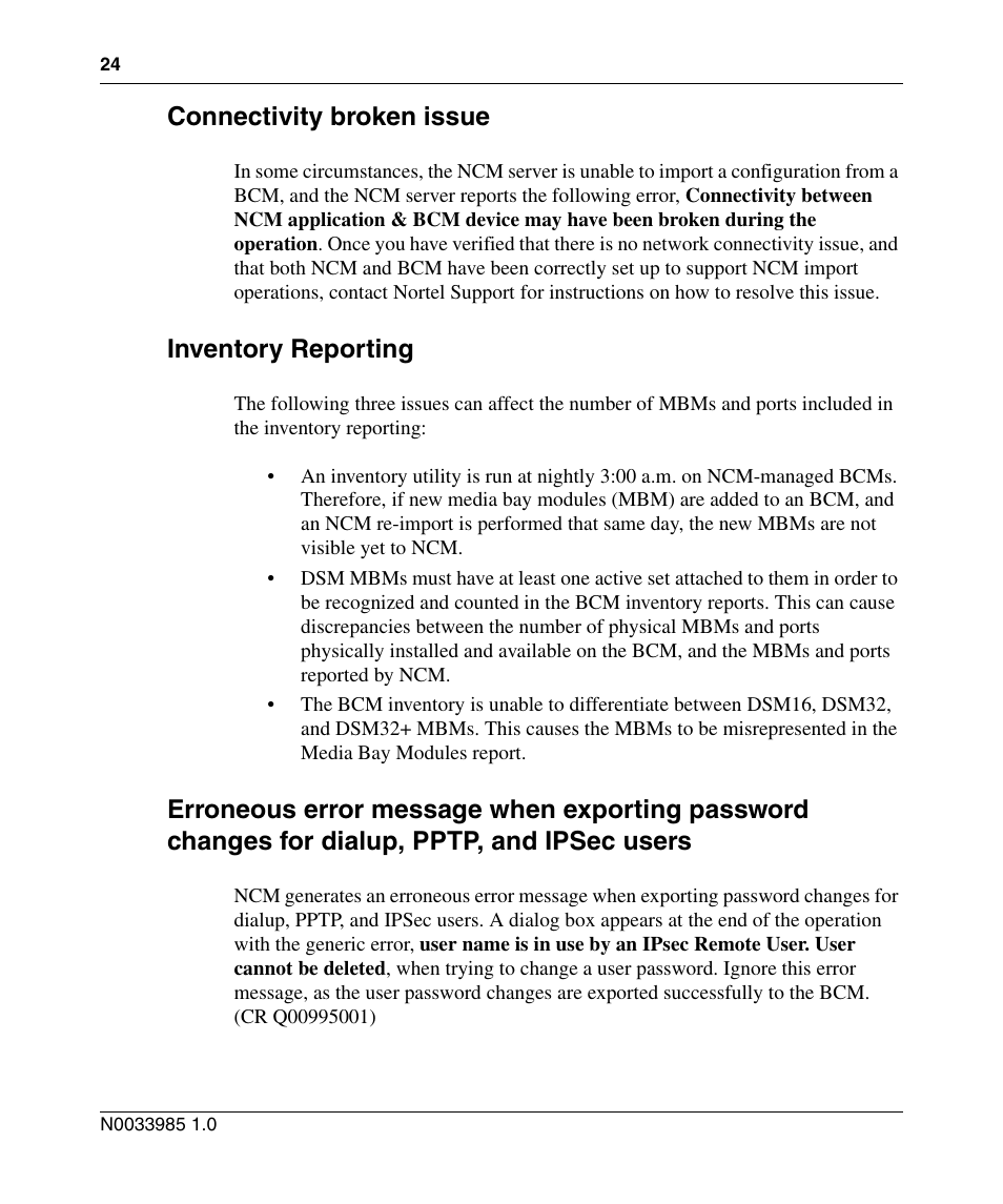 Connectivity broken issue, Inventory reporting, And ipsec users | Nortel Networks Cartridge User Manual | Page 24 / 36