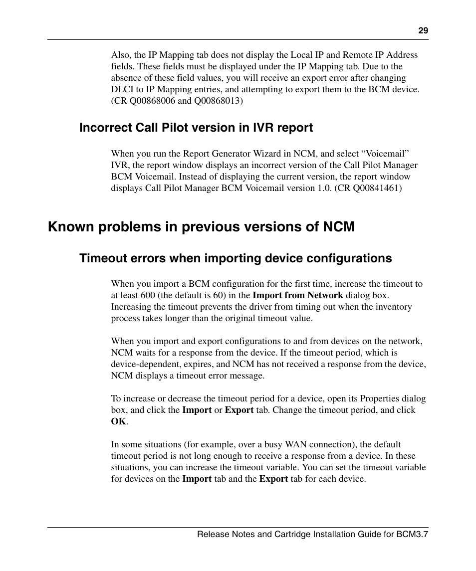 Incorrect call pilot version in ivr report, Known problems in previous versions of ncm | Nortel Networks Cartridge User Manual | Page 29 / 36