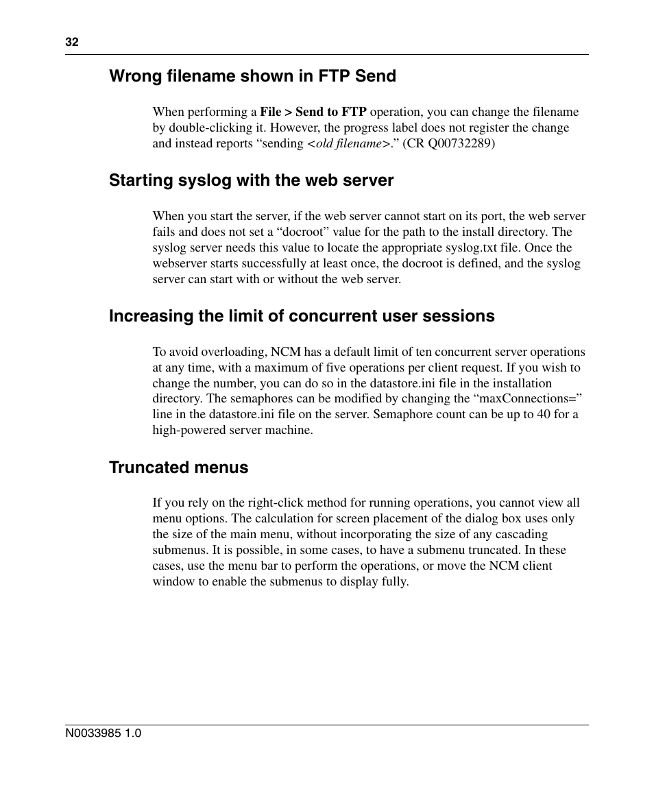 Wrong filename shown in ftp send, Starting syslog with the web server, Increasing the limit of concurrent user sessions | Truncated menus | Nortel Networks Cartridge User Manual | Page 32 / 36