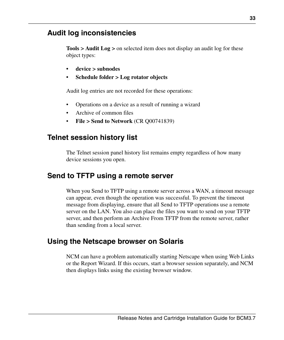 Audit log inconsistencies, Telnet session history list, Send to tftp using a remote server | Using the netscape browser on solaris | Nortel Networks Cartridge User Manual | Page 33 / 36