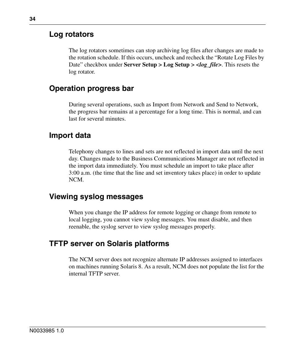 Log rotators, Operation progress bar, Import data | Viewing syslog messages, Tftp server on solaris platforms | Nortel Networks Cartridge User Manual | Page 34 / 36