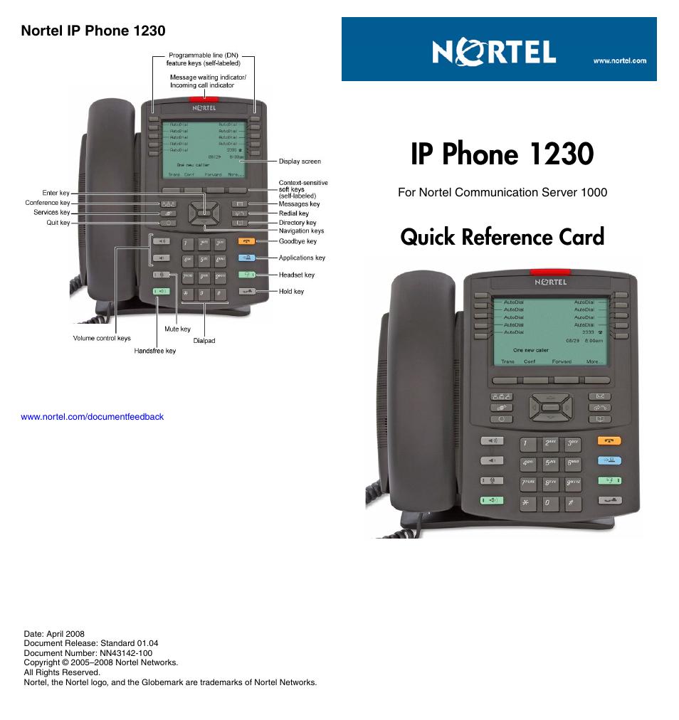 Ip phone 1230, Quick reference card | Nortel Networks 1230 User Manual | Page 2 / 2