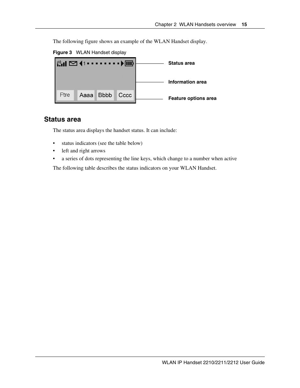 Status area | Nortel WLAN IP 2210 User Manual | Page 15 / 61