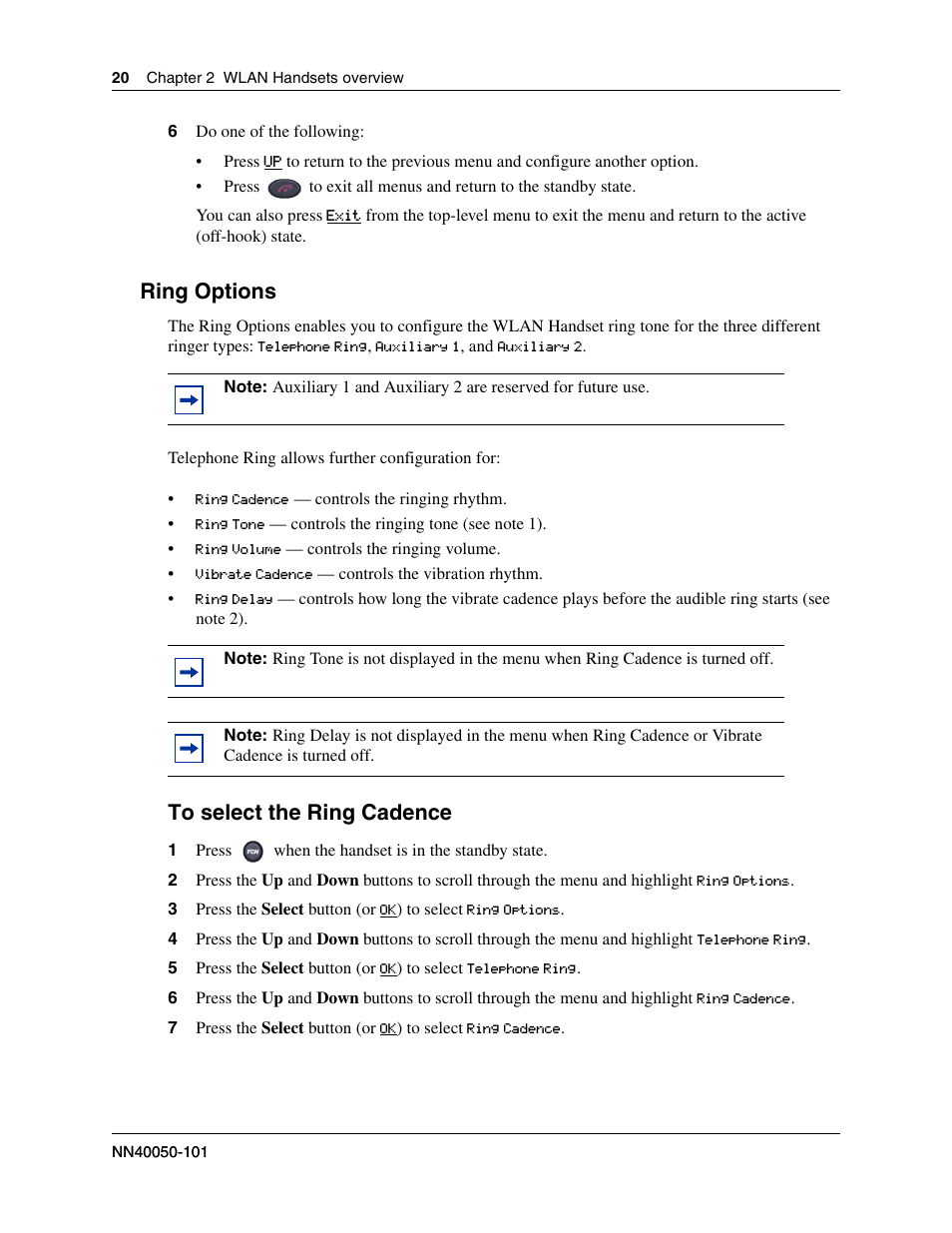 To select the ring cadence, Ring options | Nortel WLAN IP 2210 User Manual | Page 20 / 61
