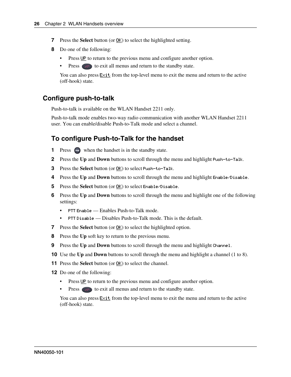 To configure push-to-talk for the handset, Configure push-to-talk | Nortel WLAN IP 2210 User Manual | Page 26 / 61