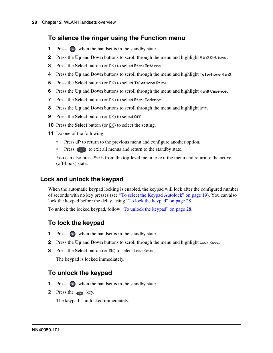 Lock and unlock the keypad | Nortel WLAN IP 2210 User Manual | Page 28 / 61