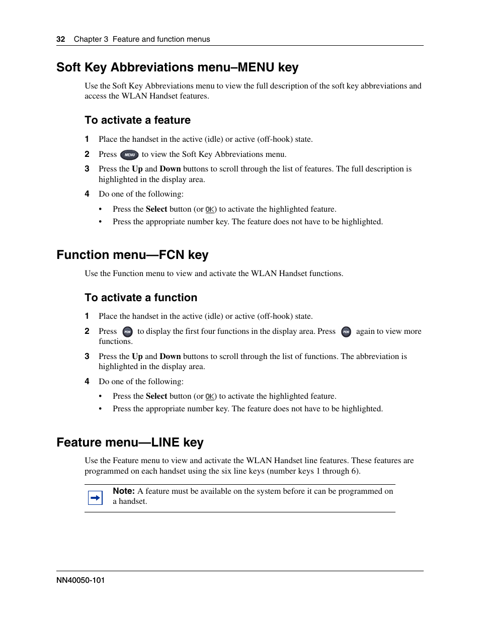 To activate a feature to activate a function, Soft key abbreviations menu–menu key, Function menu—fcn key | Feature menu—line key | Nortel WLAN IP 2210 User Manual | Page 32 / 61