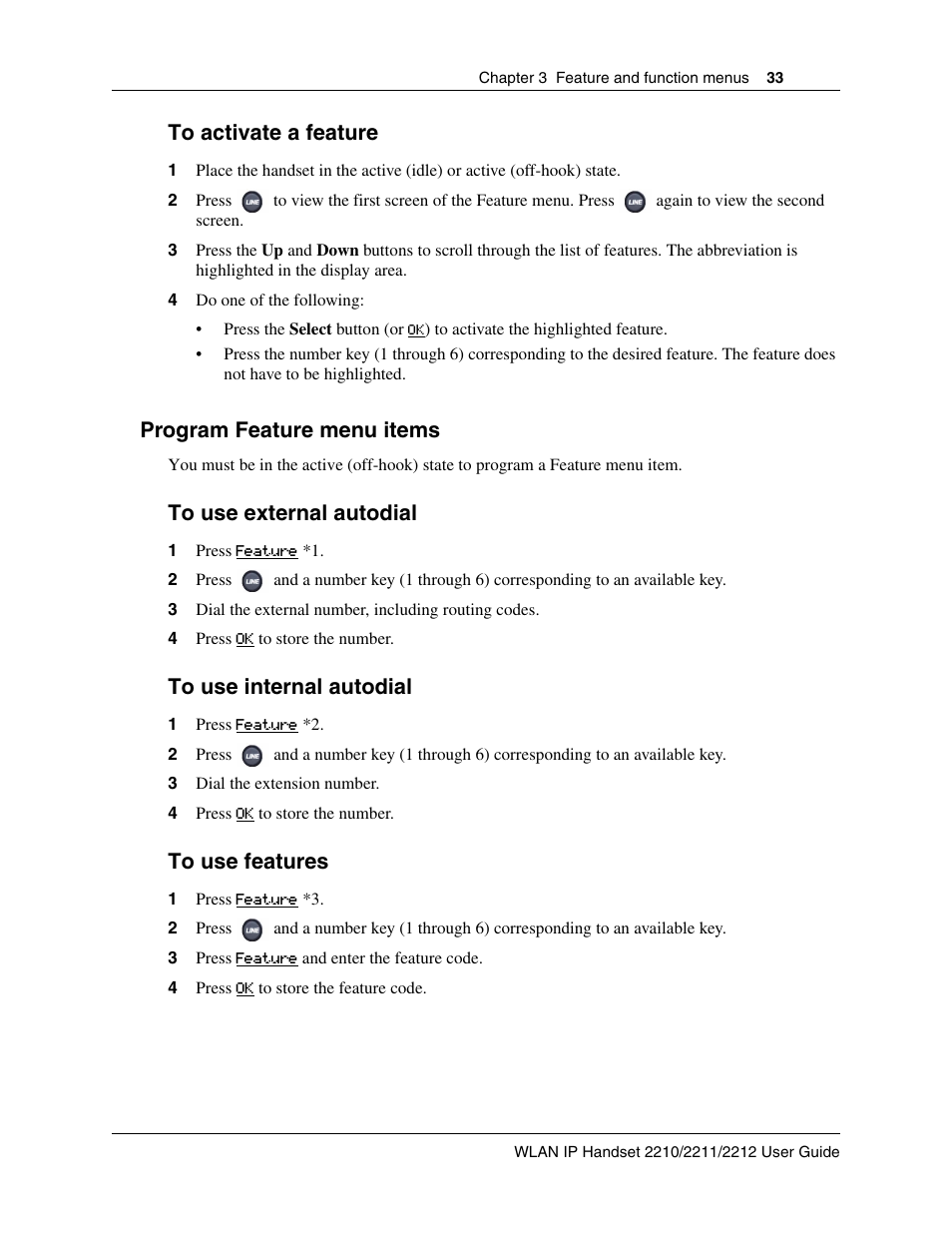 Program feature menu items | Nortel WLAN IP 2210 User Manual | Page 33 / 61