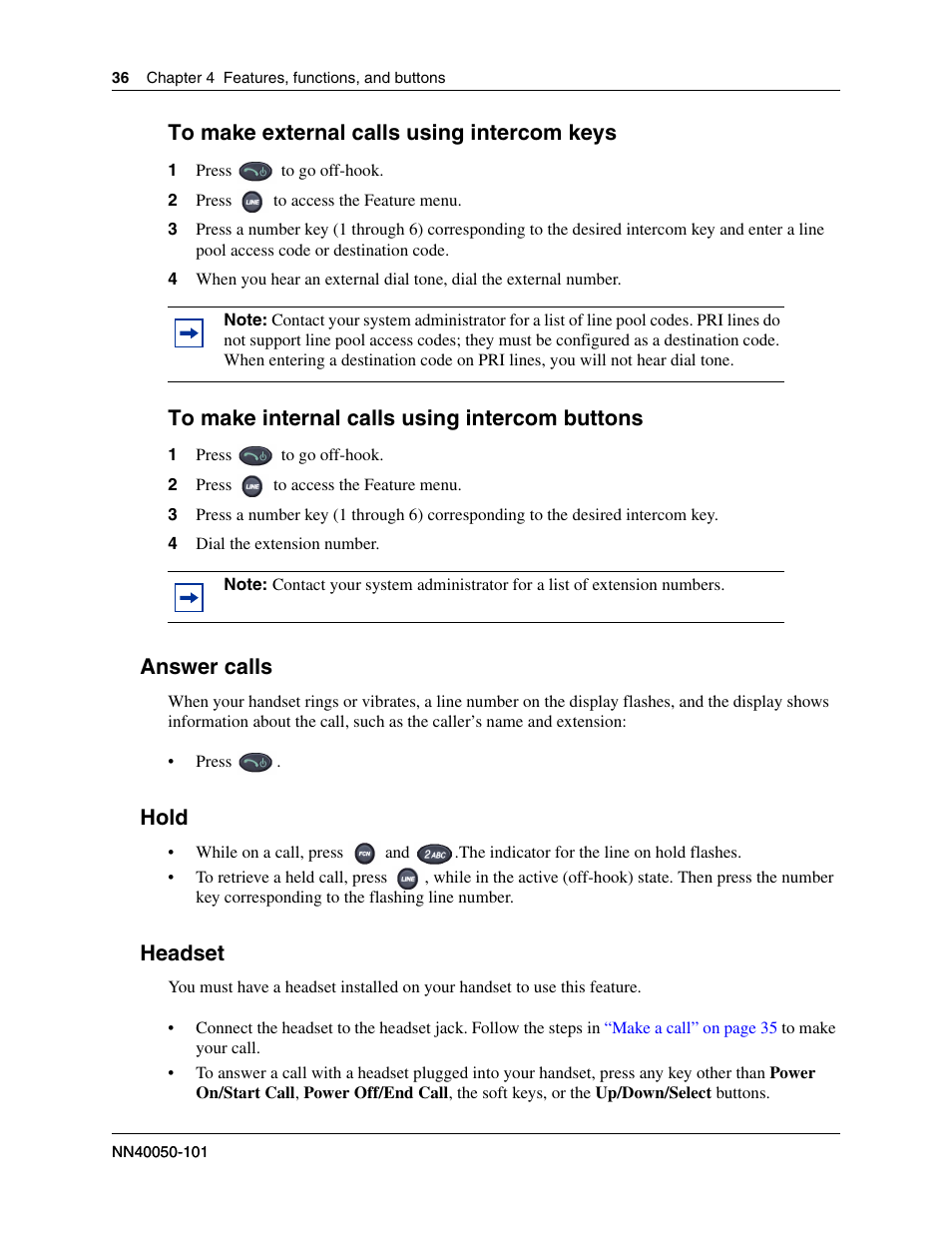 Answer calls, Hold, Headset | Nortel WLAN IP 2210 User Manual | Page 36 / 61