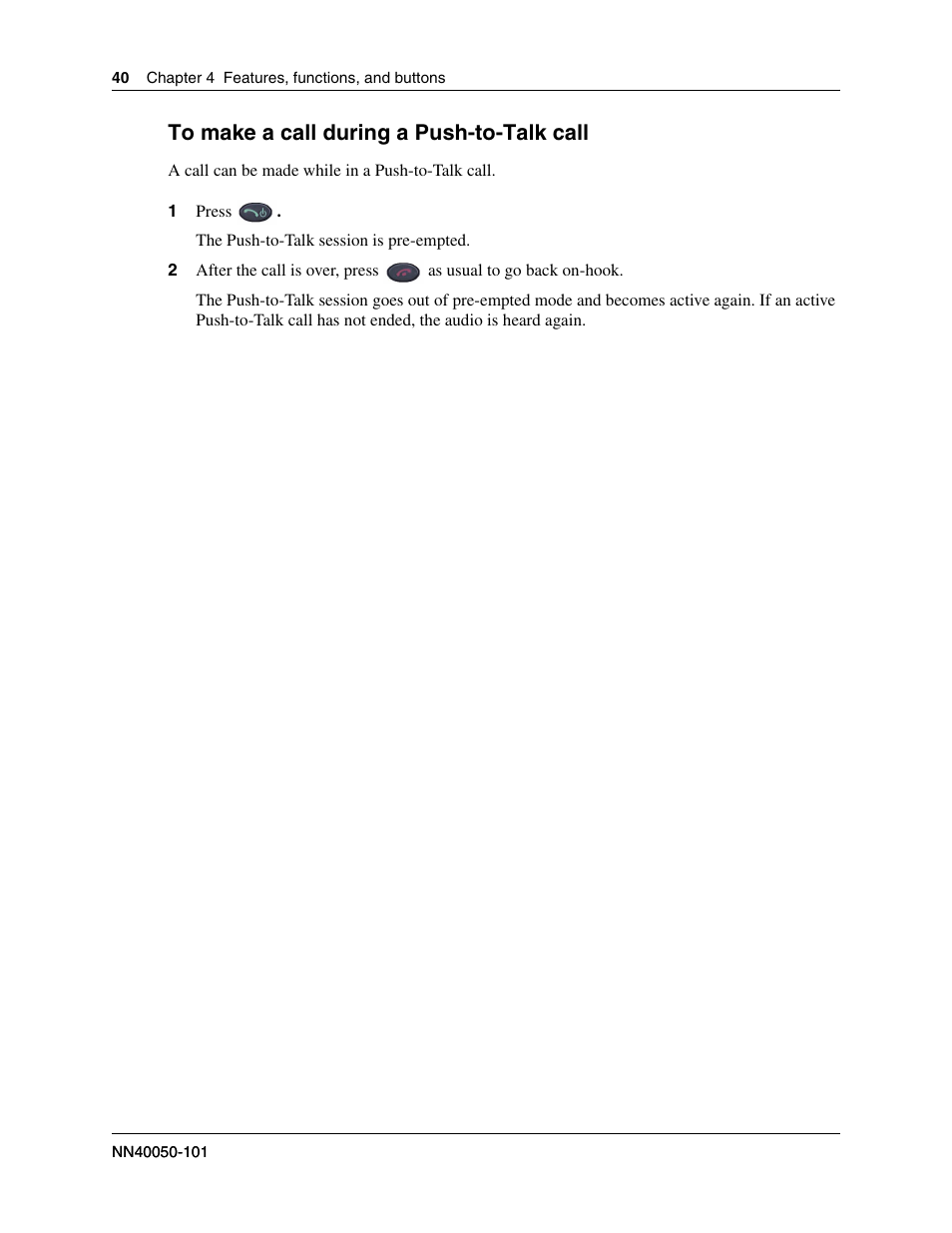To make a call during a push-to-talk call | Nortel WLAN IP 2210 User Manual | Page 40 / 61