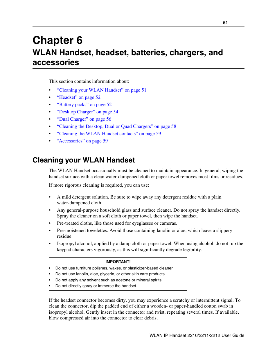 Cleaning your wlan handset, Chapter 6 | Nortel WLAN IP 2210 User Manual | Page 51 / 61