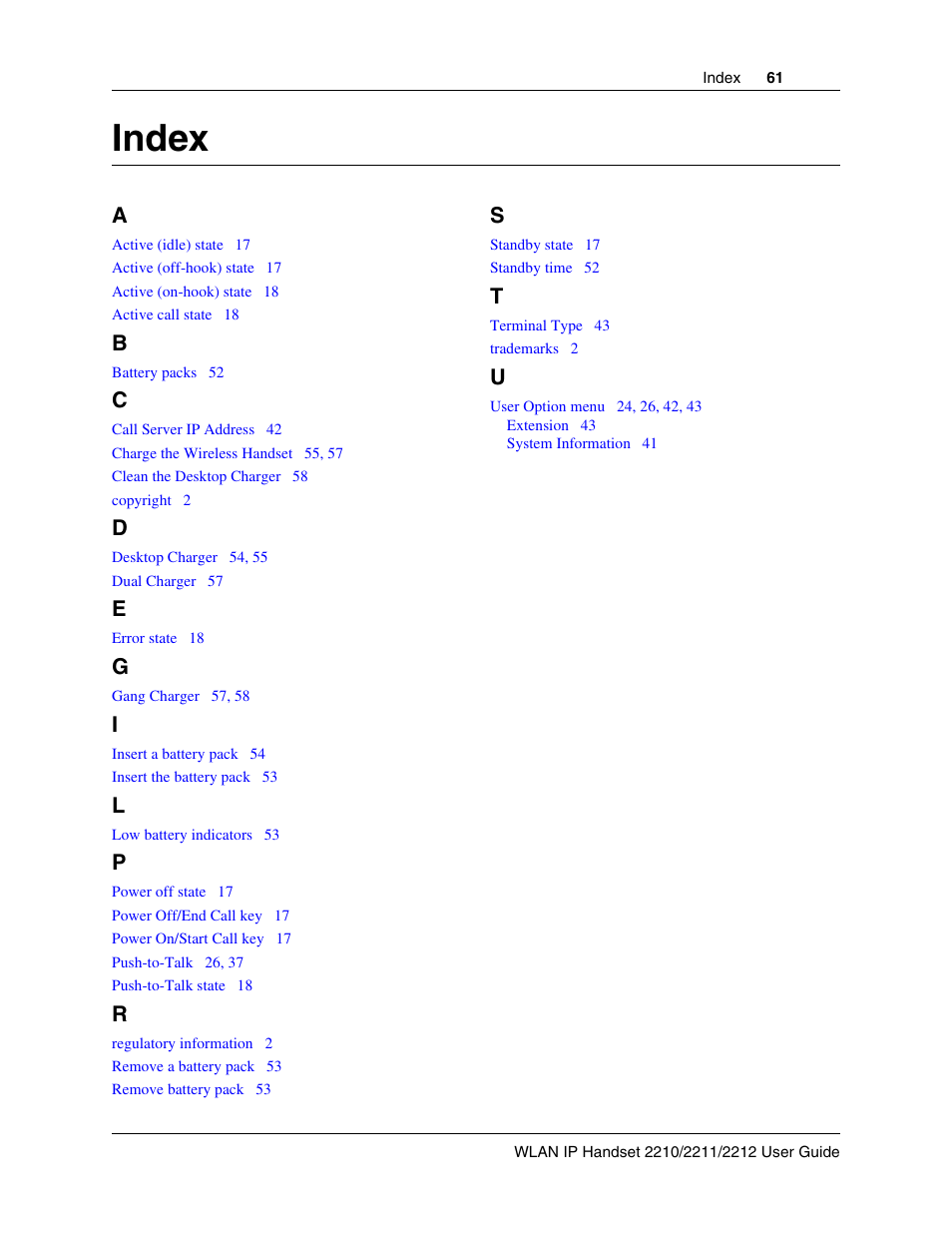 Index | Nortel WLAN IP 2210 User Manual | Page 61 / 61
