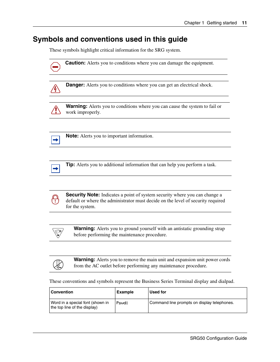 Symbols and conventions used in this guide | Nortel Networks SRG50 User Manual | Page 11 / 102