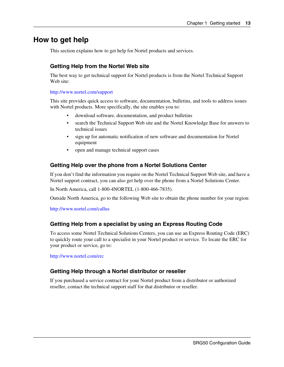 How to get help | Nortel Networks SRG50 User Manual | Page 13 / 102