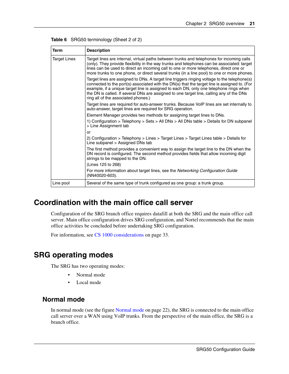 Coordination with the main office call server, Srg operating modes, Normal mode | Nortel Networks SRG50 User Manual | Page 21 / 102