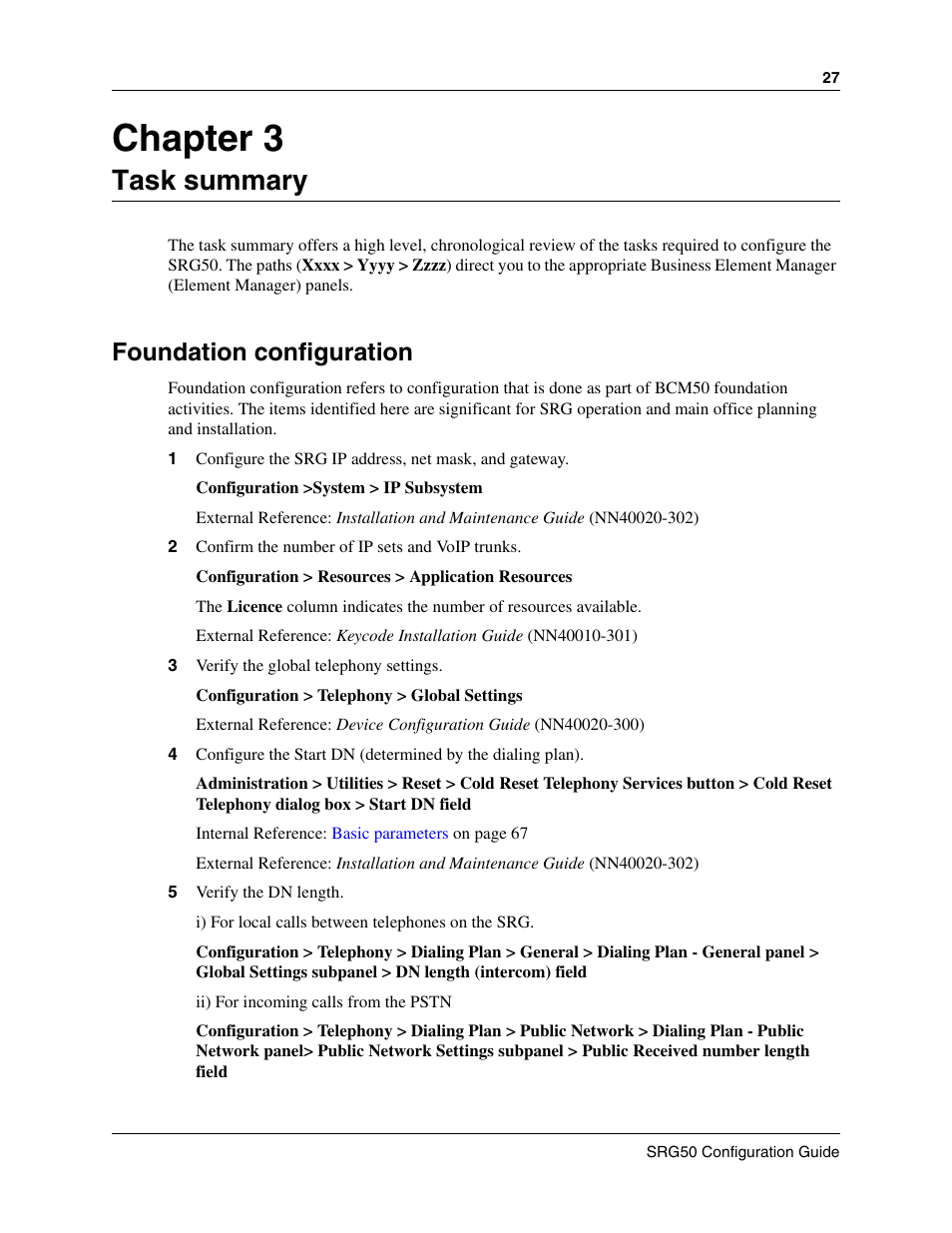 Task summary, Foundation configuration, Chapter 3 | Nortel Networks SRG50 User Manual | Page 27 / 102