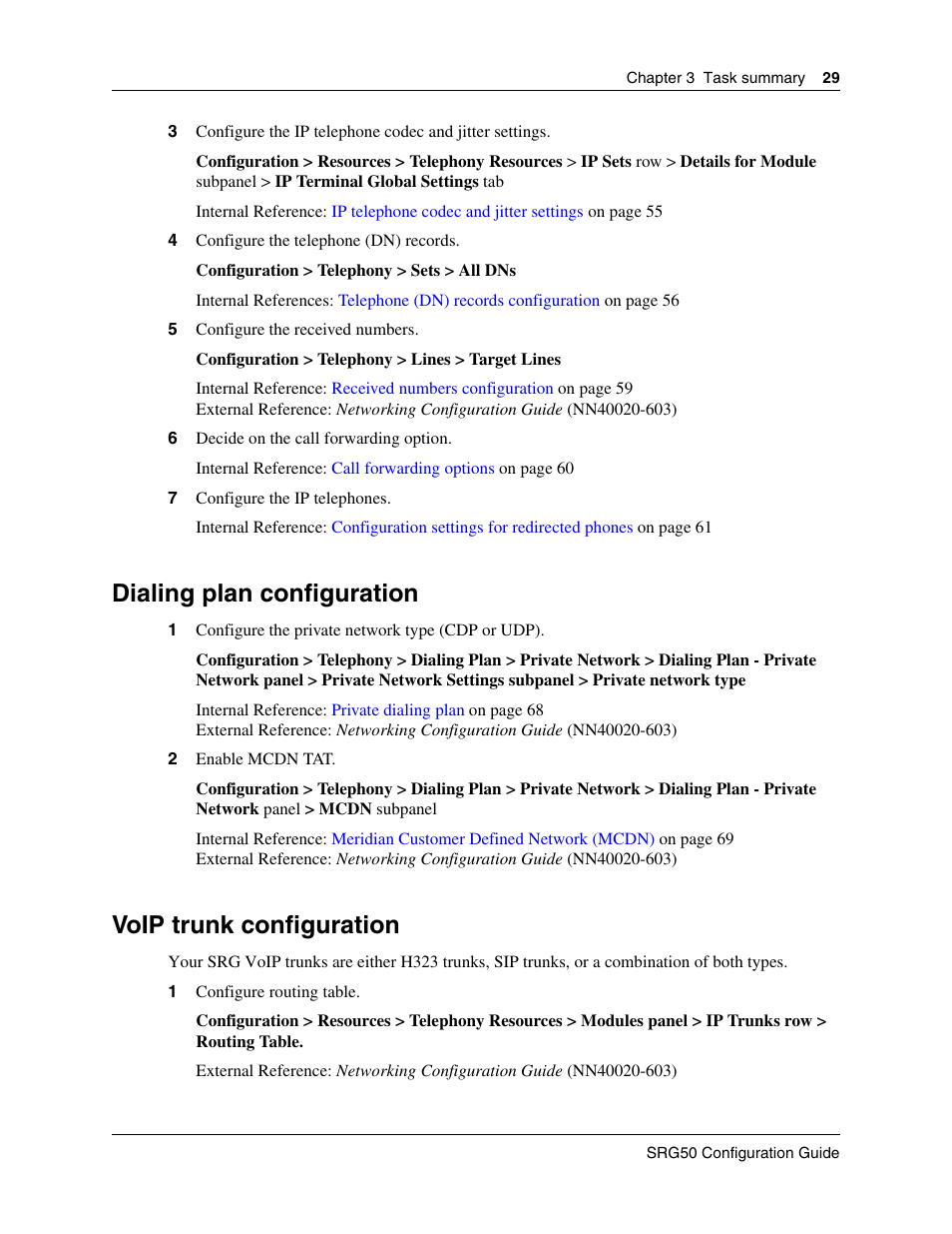 Dialing plan configuration, Voip trunk configuration | Nortel Networks SRG50 User Manual | Page 29 / 102