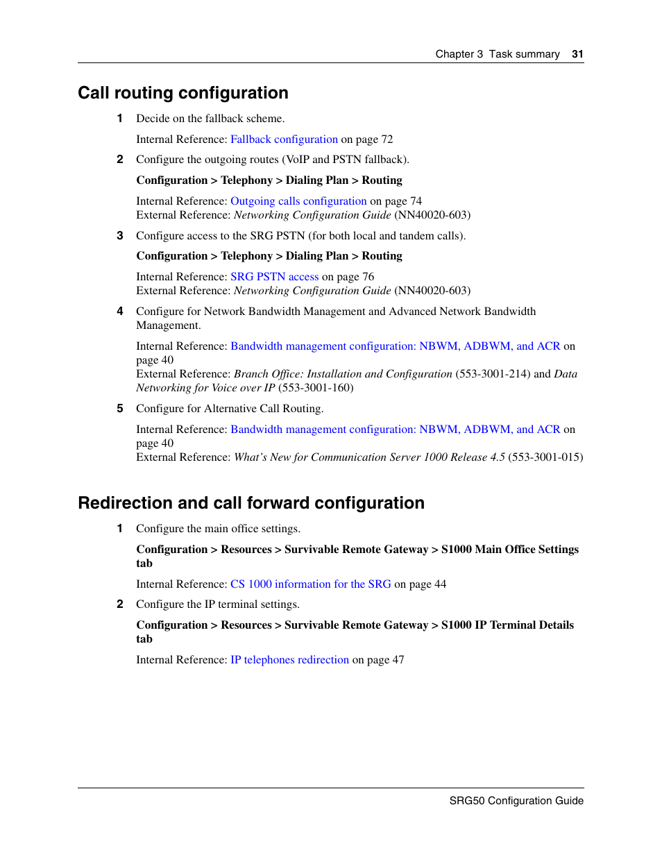 Call routing configuration, Redirection and call forward configuration | Nortel Networks SRG50 User Manual | Page 31 / 102