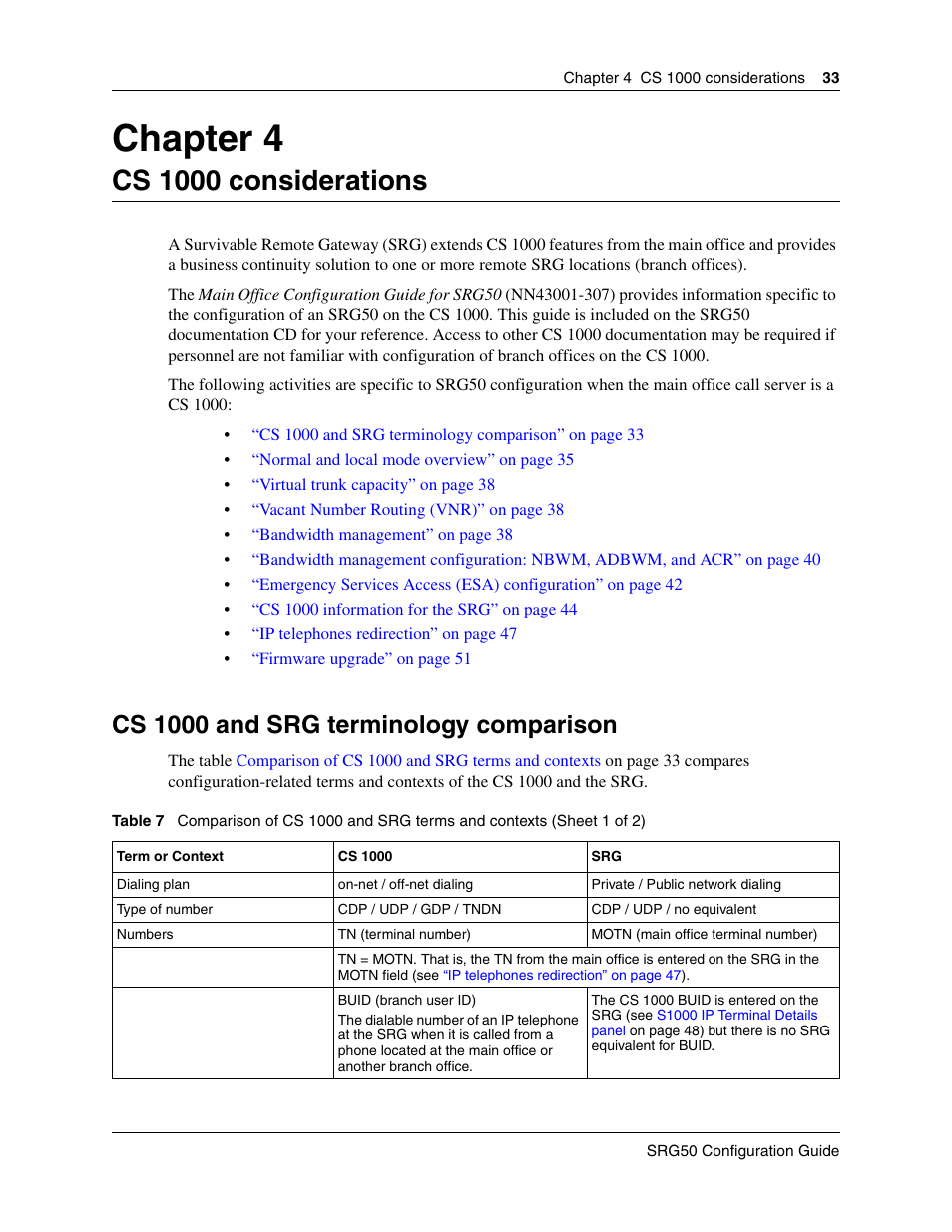 Cs 1000 considerations, Cs 1000 and srg terminology comparison, On, see | Chapter 4 | Nortel Networks SRG50 User Manual | Page 33 / 102