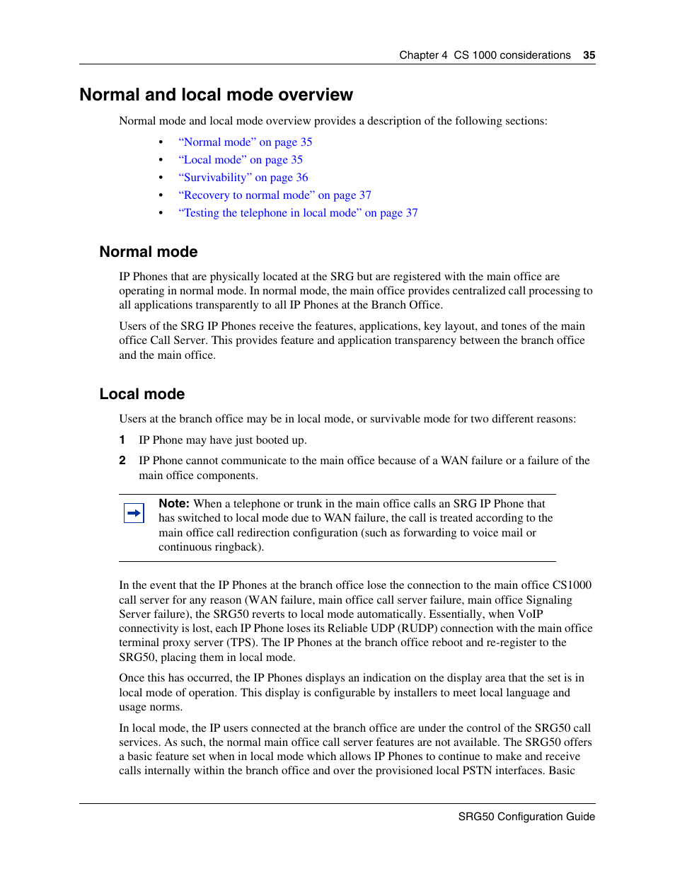 Normal and local mode overview, Normal mode, Local mode | Nortel Networks SRG50 User Manual | Page 35 / 102