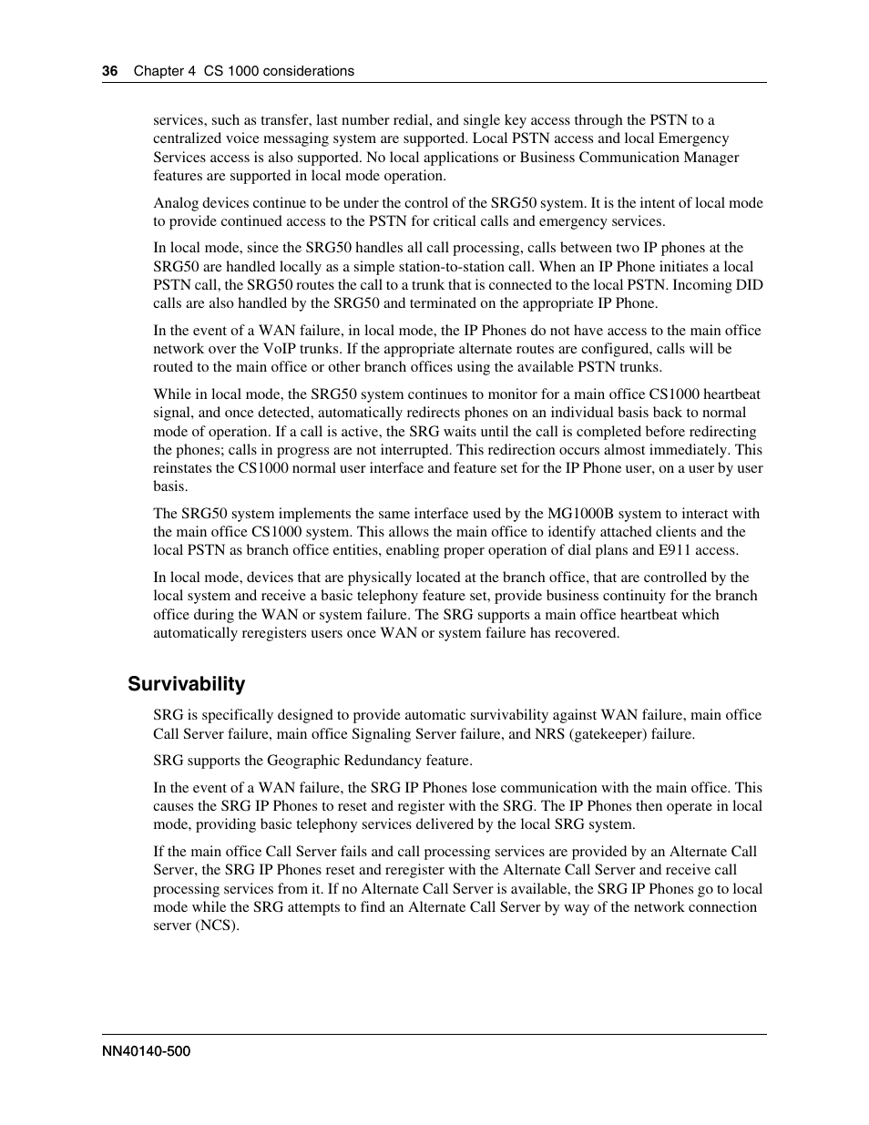 Survivability | Nortel Networks SRG50 User Manual | Page 36 / 102