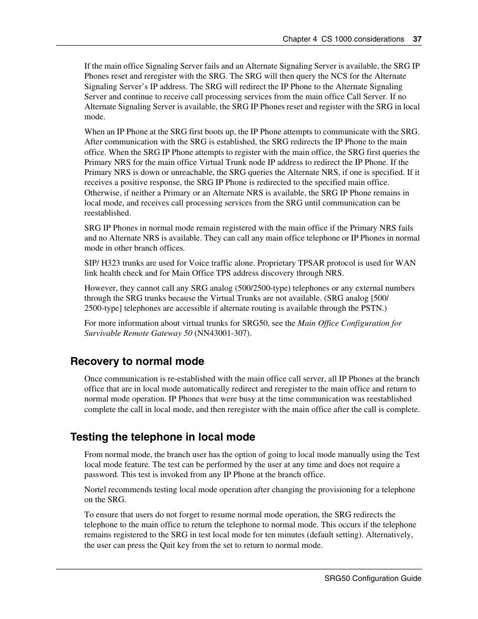 Recovery to normal mode, Testing the telephone in local mode | Nortel Networks SRG50 User Manual | Page 37 / 102