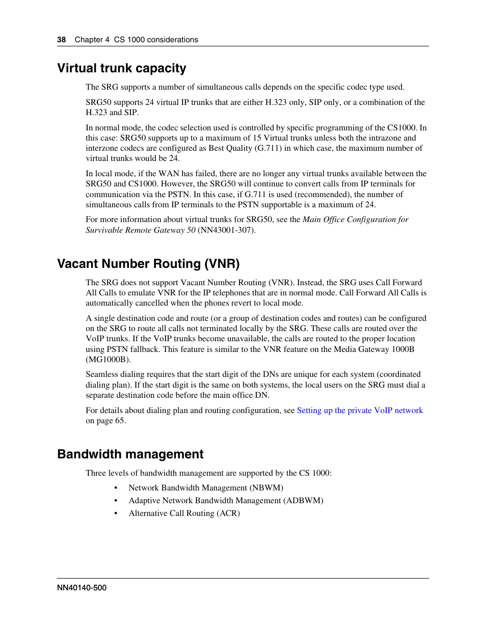 Virtual trunk capacity, Vacant number routing (vnr), Bandwidth management | Nortel Networks SRG50 User Manual | Page 38 / 102