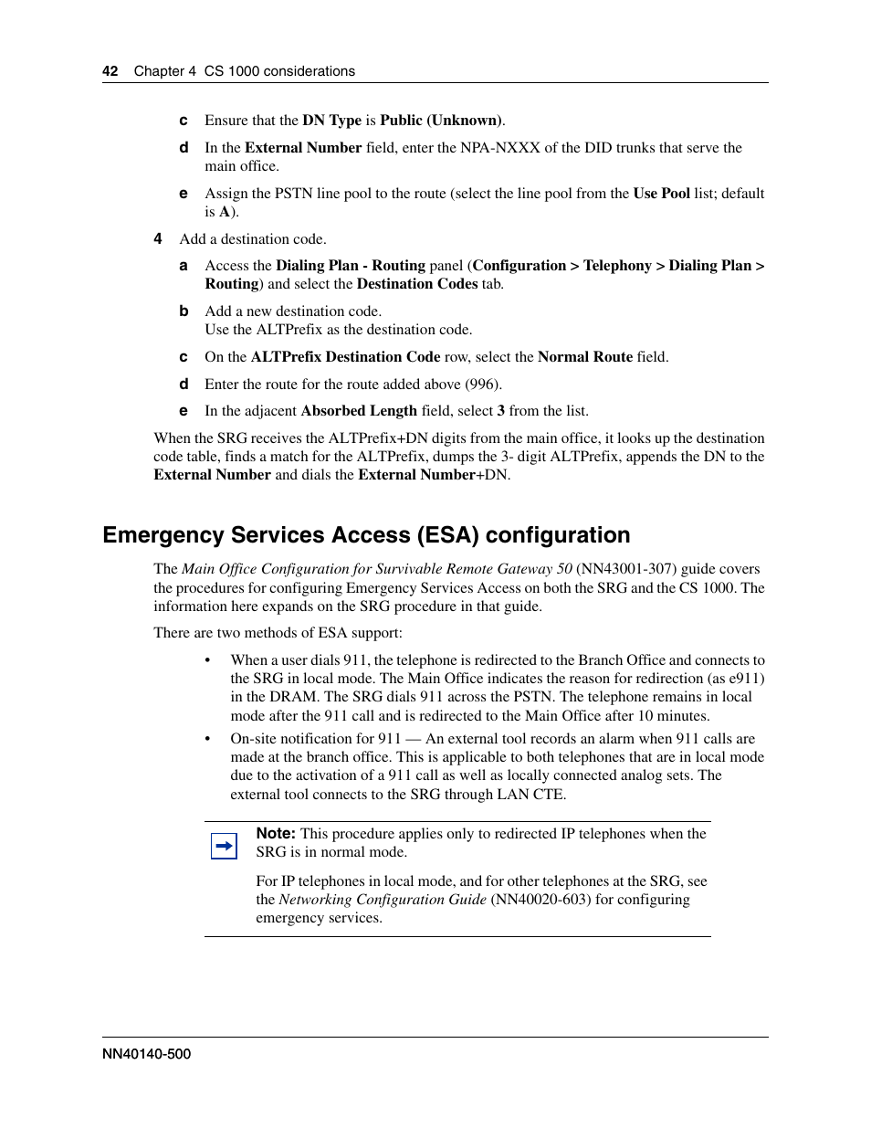 Emergency services access (esa) configuration | Nortel Networks SRG50 User Manual | Page 42 / 102