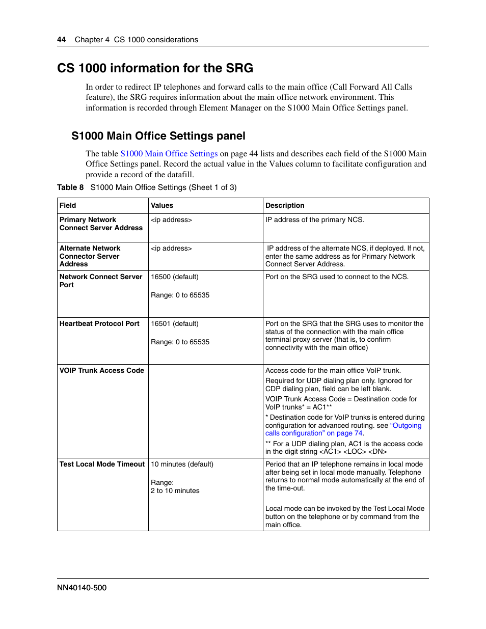 Cs 1000 information for the srg, S1000 main office settings panel, Internal reference | Nortel Networks SRG50 User Manual | Page 44 / 102