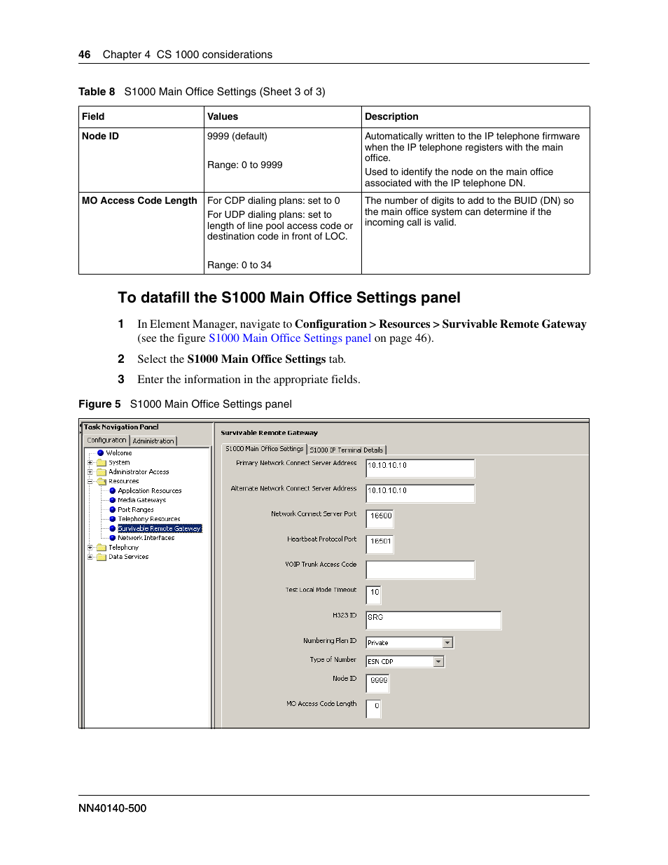 To datafill the s1000 main office settings panel | Nortel Networks SRG50 User Manual | Page 46 / 102