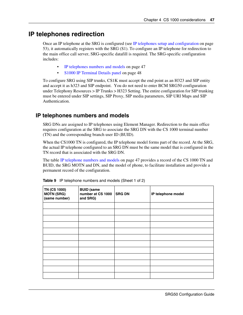 Ip telephones redirection, Ip telephones numbers and models, Internal reference | Nortel Networks SRG50 User Manual | Page 47 / 102