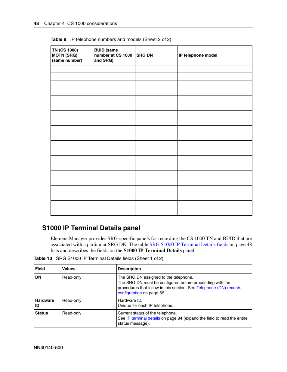S1000 ip terminal details panel, Srg (see, S1000 ip terminal details | Panel | Nortel Networks SRG50 User Manual | Page 48 / 102
