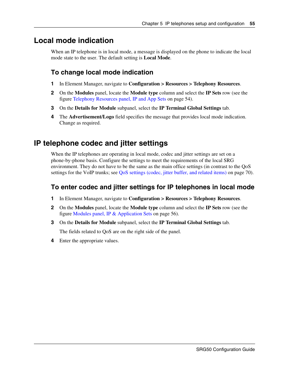 Local mode indication, Ip telephone codec and jitter settings, Internal reference | Nortel Networks SRG50 User Manual | Page 55 / 102