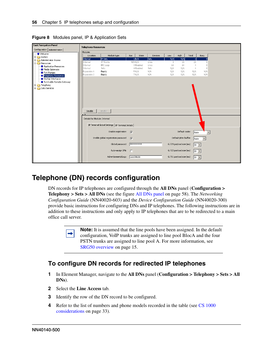 Telephone (dn) records configuration, Internal references, Telephone (dn) records | Configuration, Modules panel, ip & application sets | Nortel Networks SRG50 User Manual | Page 56 / 102