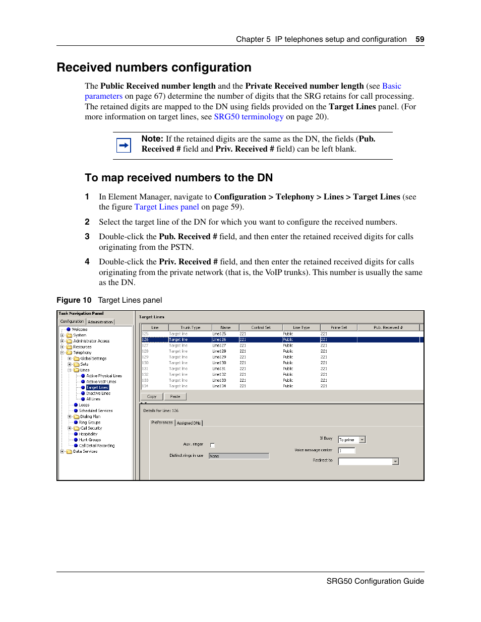 Received numbers configuration, To map received numbers to the dn, Internal reference | Nortel Networks SRG50 User Manual | Page 59 / 102