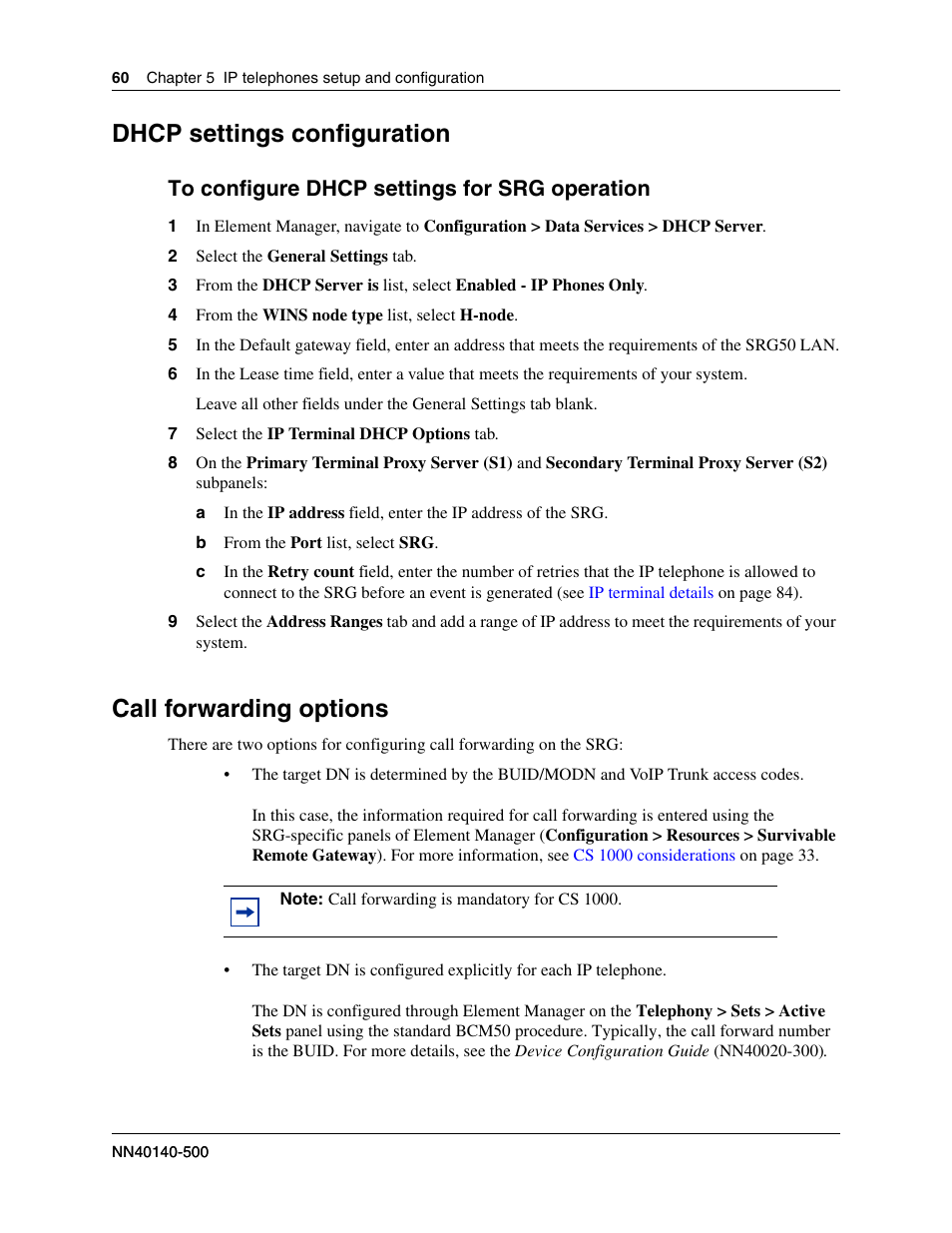 Dhcp settings configuration, Call forwarding options, To configure dhcp settings for srg operation | Internal reference | Nortel Networks SRG50 User Manual | Page 60 / 102