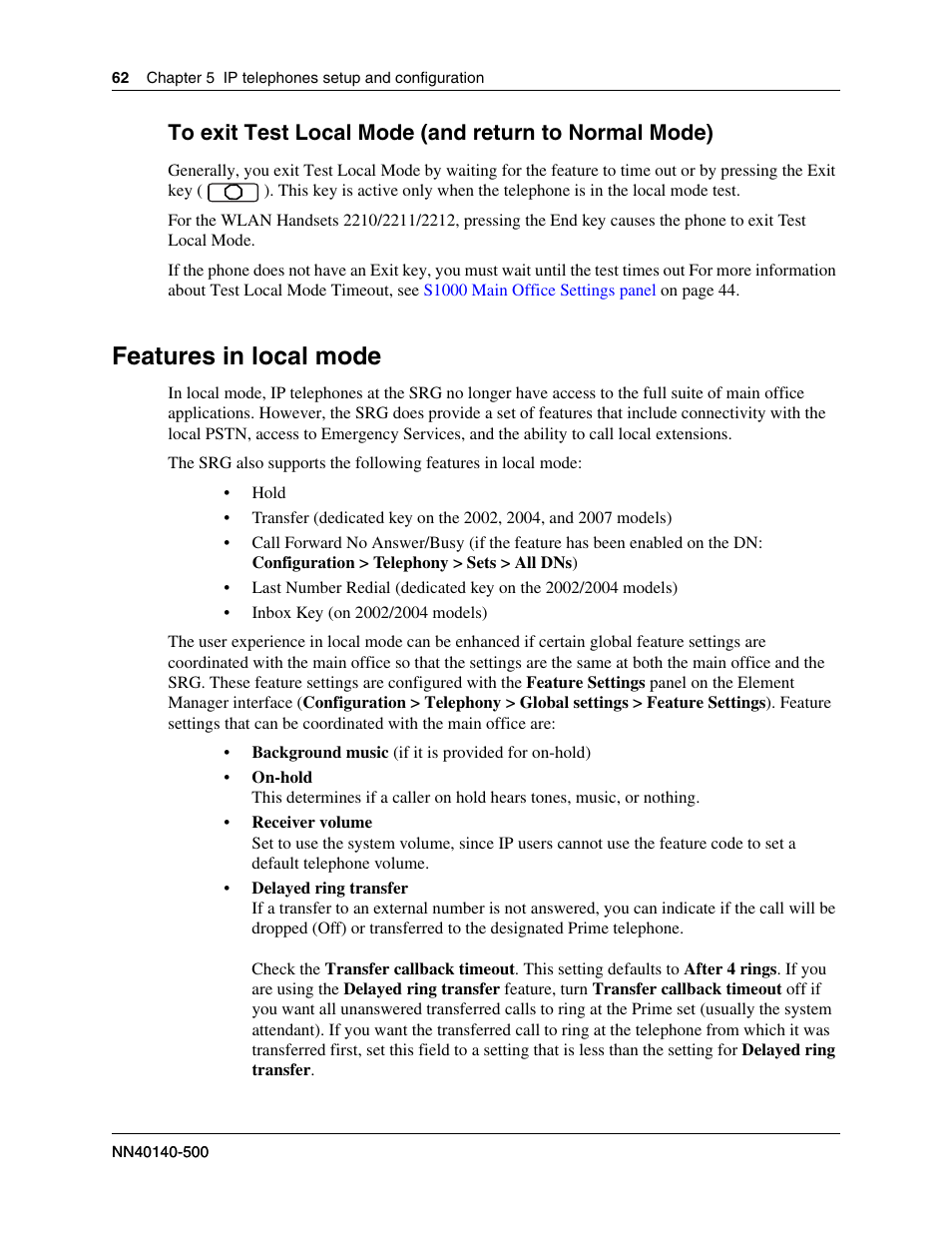 Features in local mode, Of local mode features, see | Nortel Networks SRG50 User Manual | Page 62 / 102