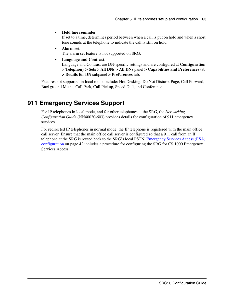 911 emergency services support | Nortel Networks SRG50 User Manual | Page 63 / 102