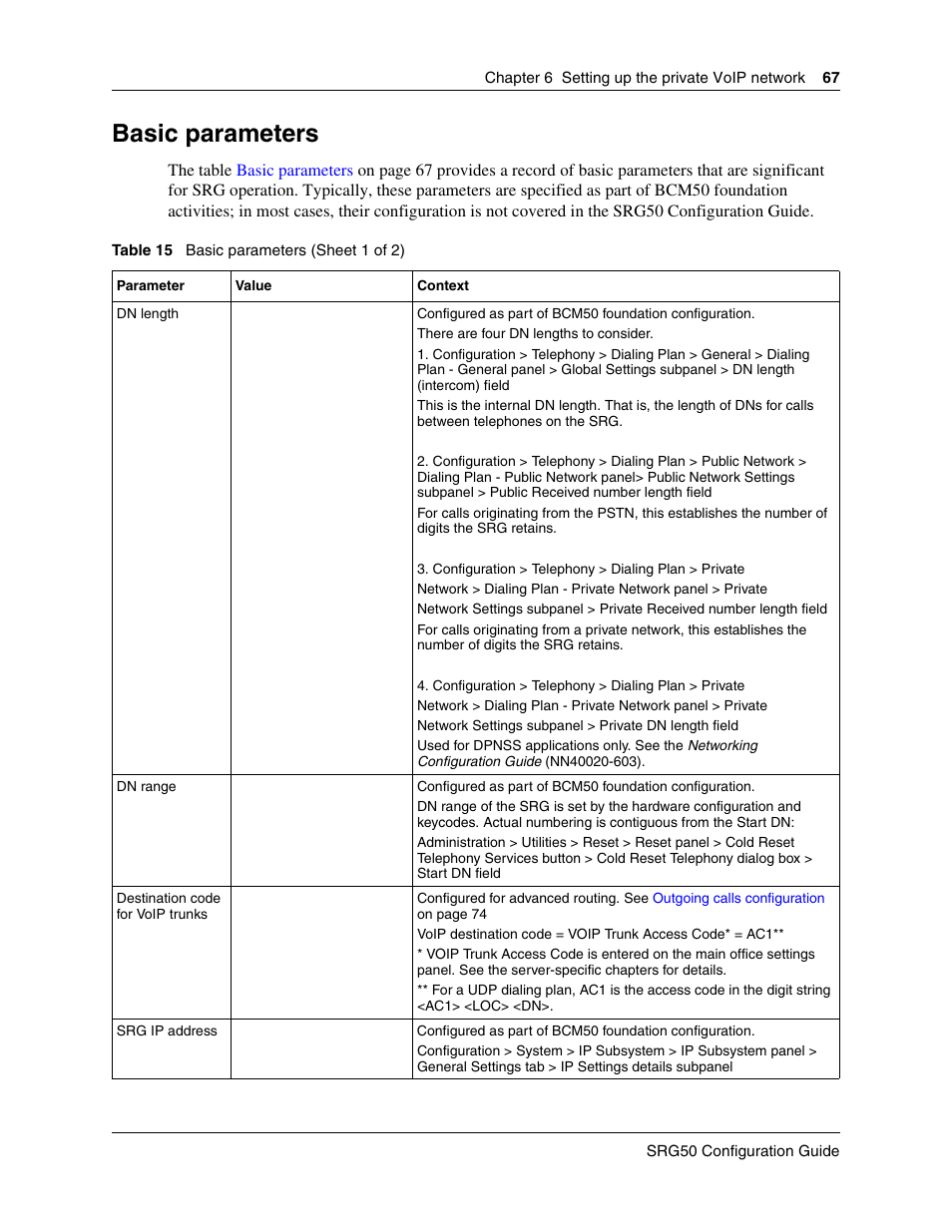 Basic parameters, Internal reference, Basic | Parameters | Nortel Networks SRG50 User Manual | Page 67 / 102