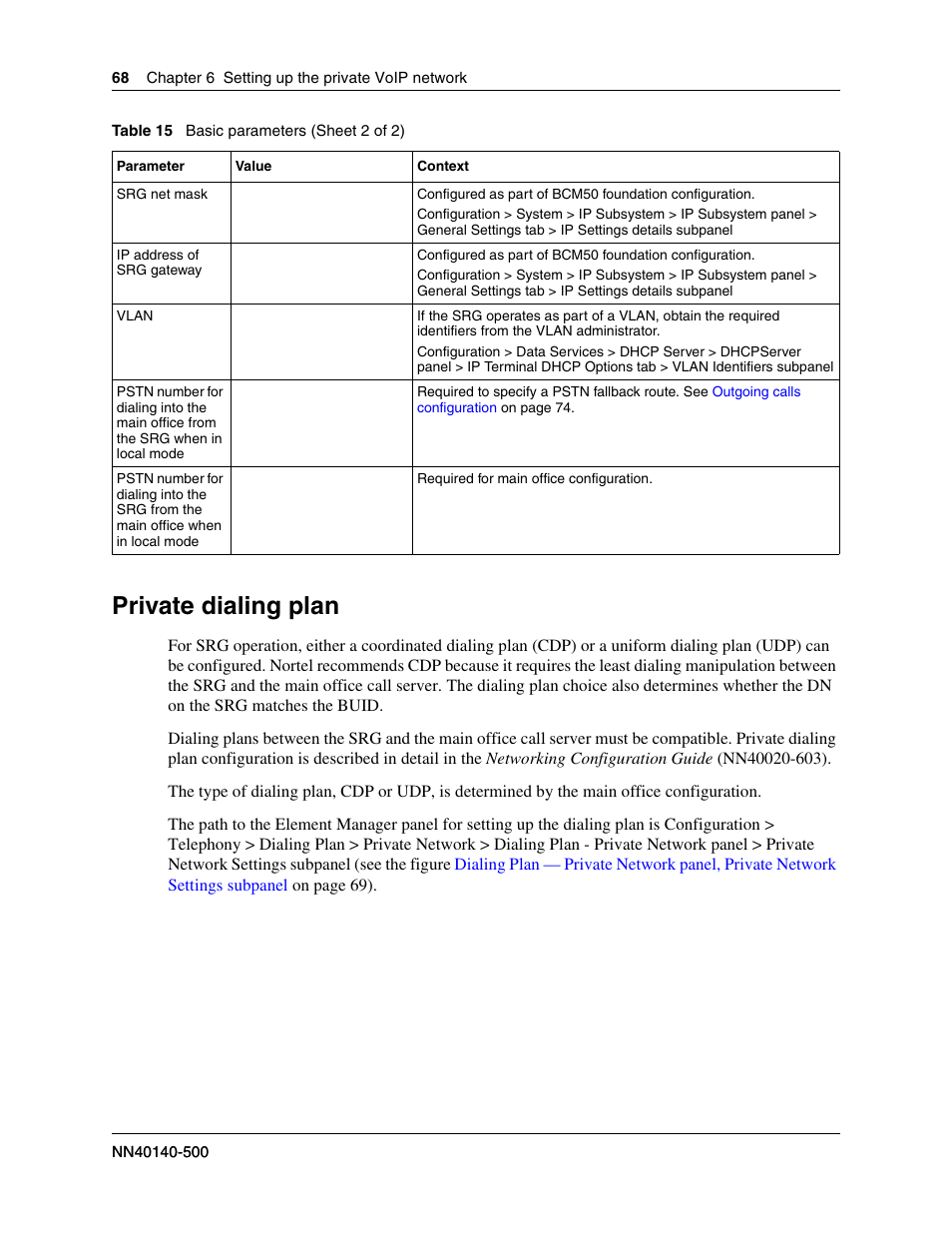 Private dialing plan, Internal reference | Nortel Networks SRG50 User Manual | Page 68 / 102