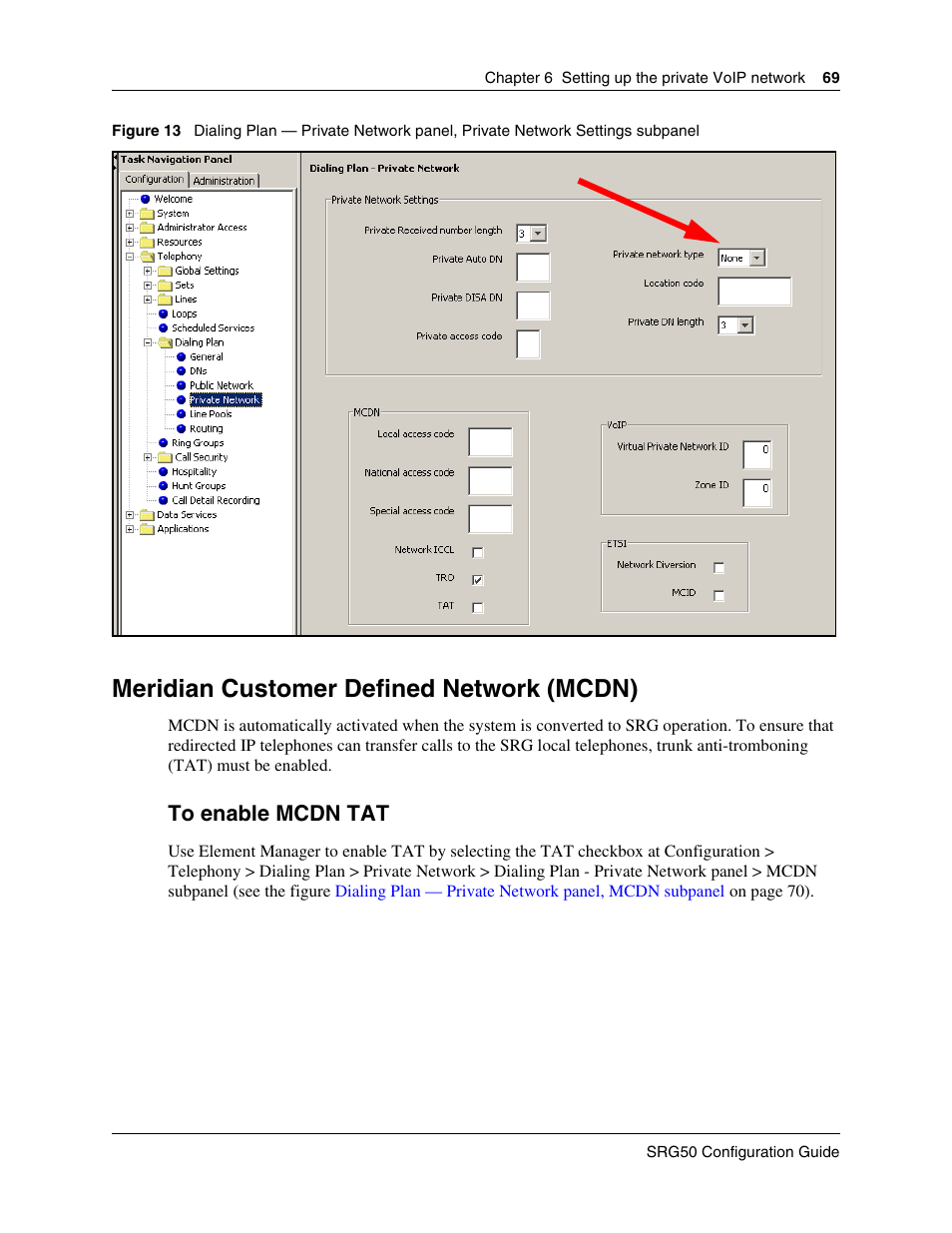 Meridian customer defined network (mcdn), To enable mcdn tat, Internal reference | El (see the figure, Settings subpanel | Nortel Networks SRG50 User Manual | Page 69 / 102
