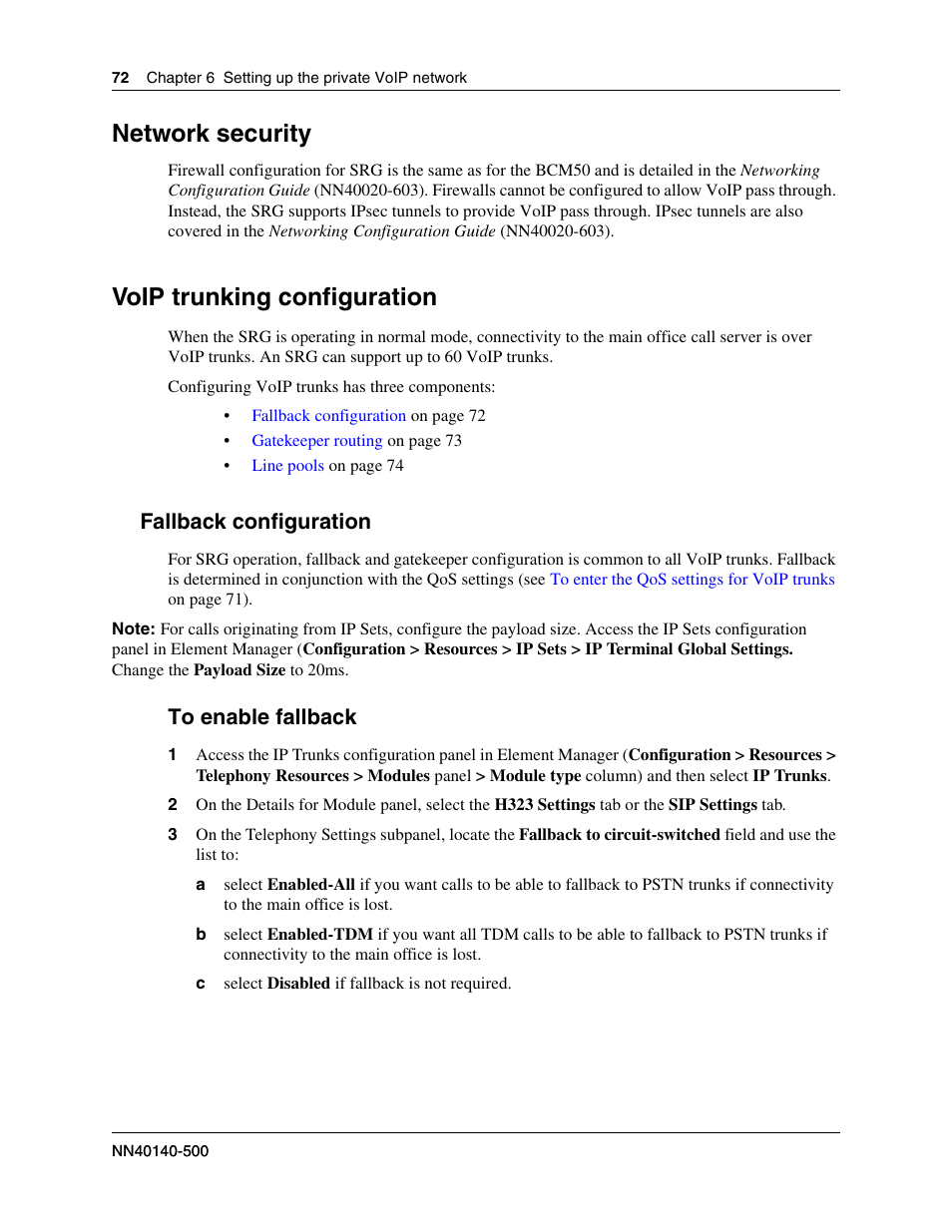 Network security, Voip trunking configuration, Fallback configuration | To enable fallback, Internal reference | Nortel Networks SRG50 User Manual | Page 72 / 102