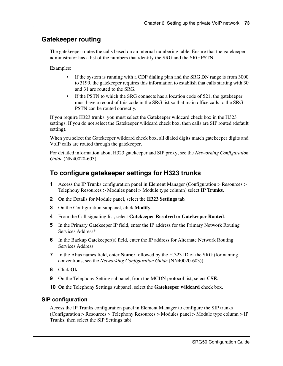 Gatekeeper routing, To configure gatekeeper settings for h323 trunks, Internal reference | Nortel Networks SRG50 User Manual | Page 73 / 102