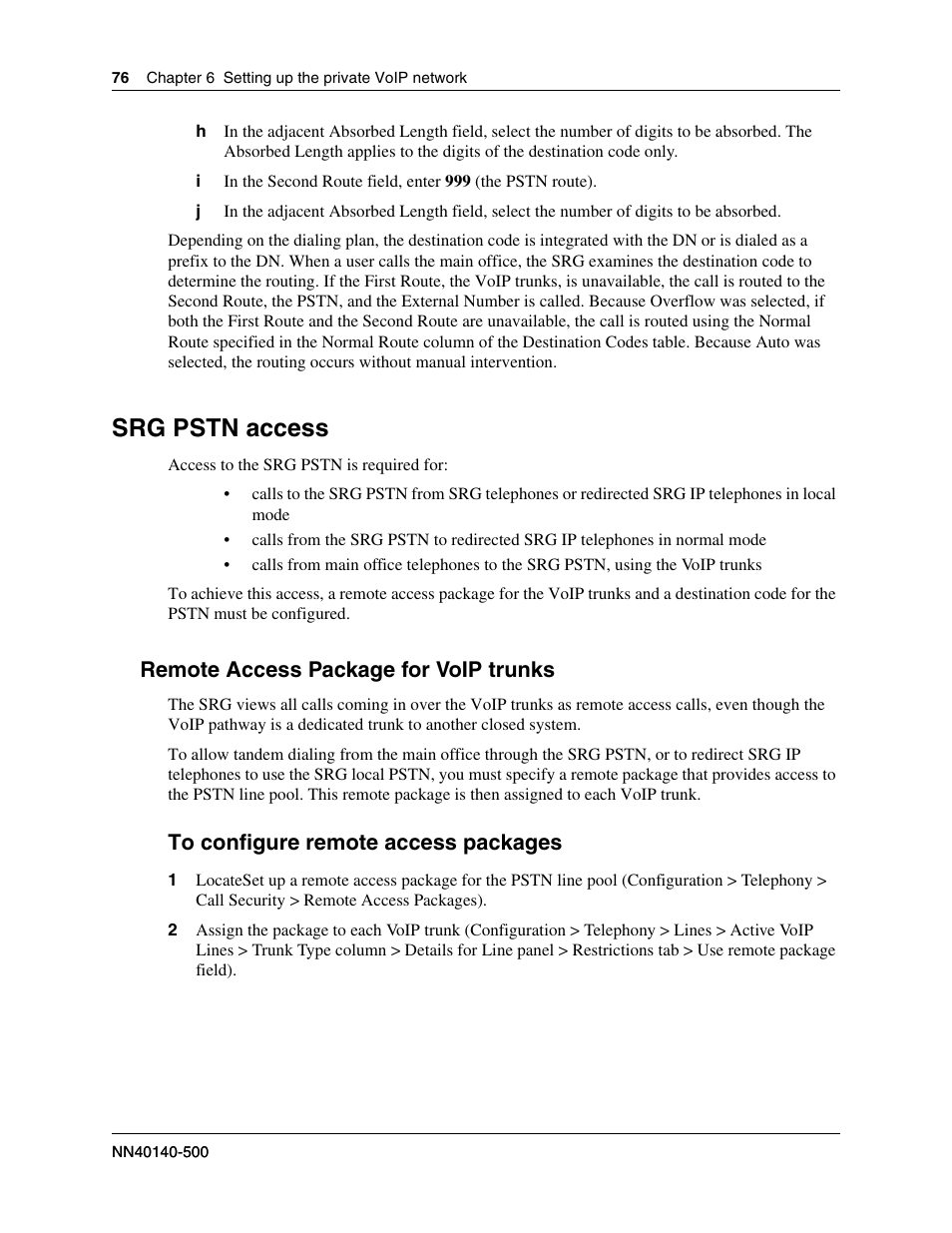 Srg pstn access, Remote access package for voip trunks, To configure remote access packages | Internal reference | Nortel Networks SRG50 User Manual | Page 76 / 102