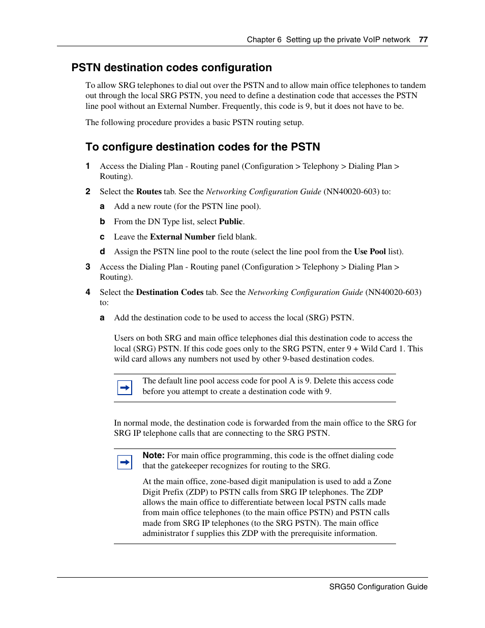 Pstn destination codes configuration, To configure destination codes for the pstn | Nortel Networks SRG50 User Manual | Page 77 / 102