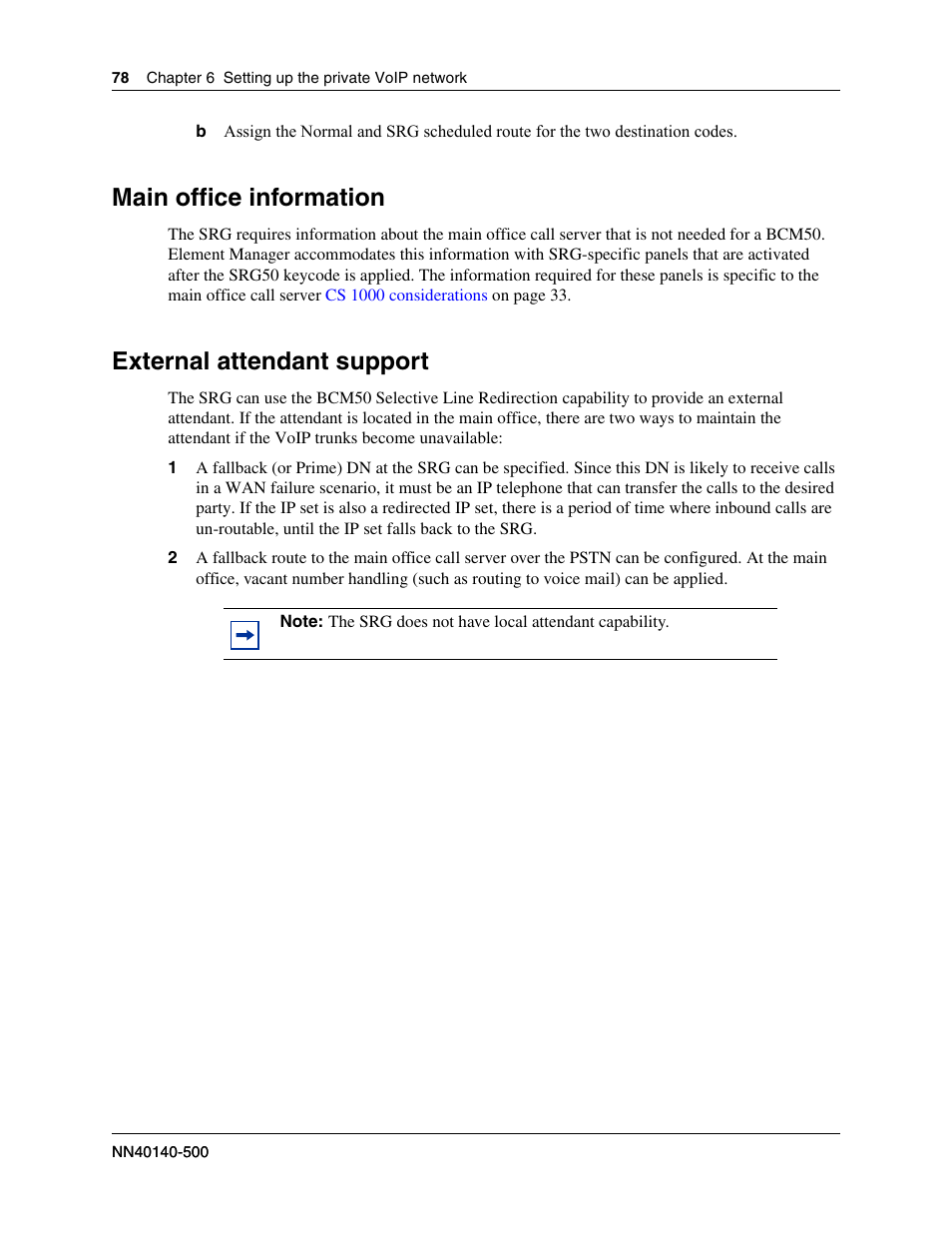 Main office information, External attendant support | Nortel Networks SRG50 User Manual | Page 78 / 102