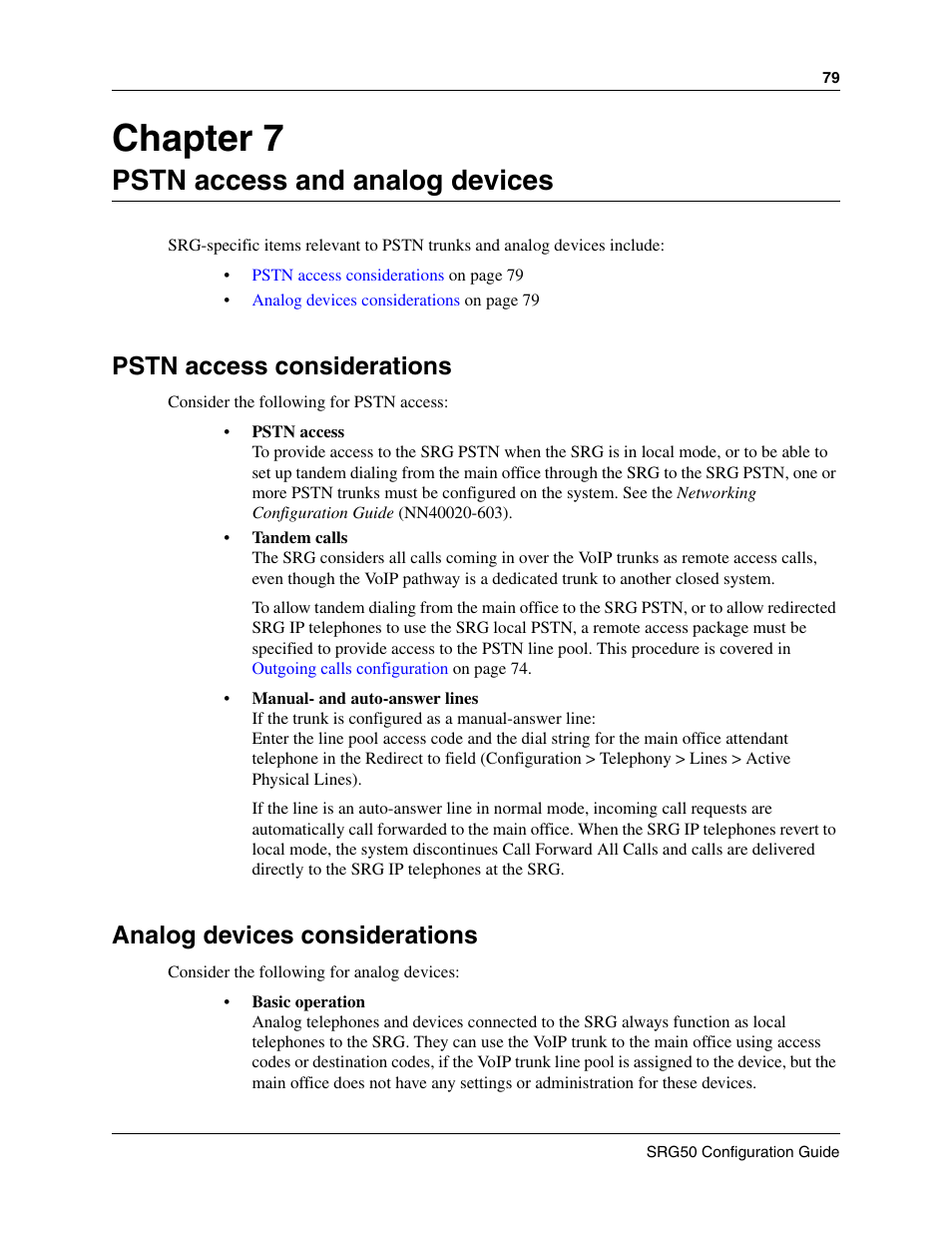 Pstn access and analog devices, Pstn access considerations, Analog devices considerations | Chapter 7 | Nortel Networks SRG50 User Manual | Page 79 / 102