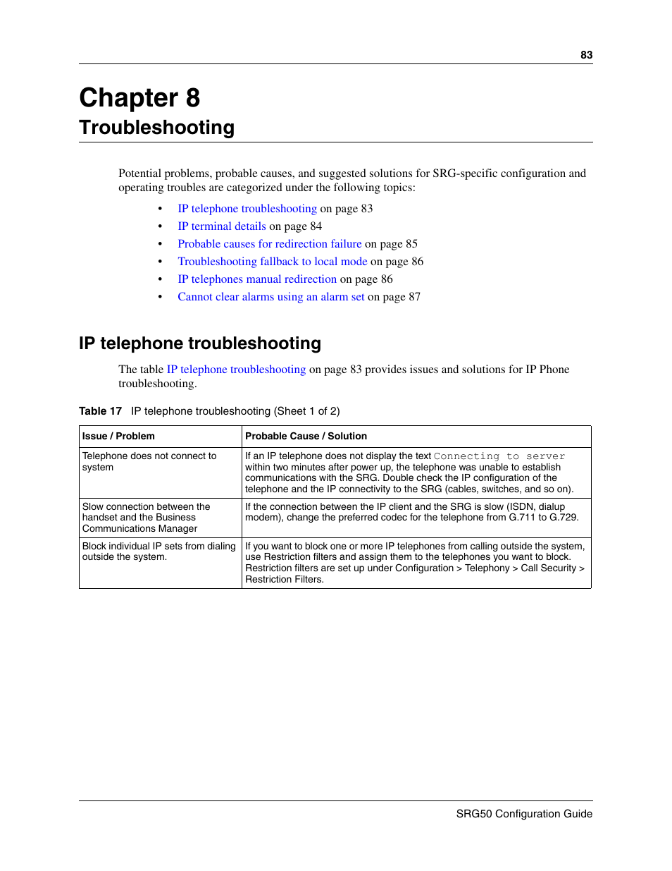 Troubleshooting, Ip telephone troubleshooting, Chapter 8 | Nortel Networks SRG50 User Manual | Page 83 / 102